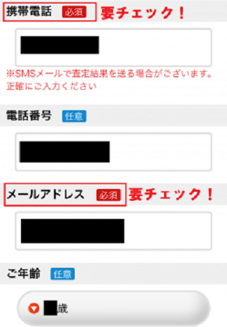 スマイスターで携帯電話の番号やメールアドレスを入力する画面