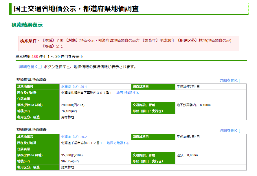 国土交通省地価公示検索結果画面