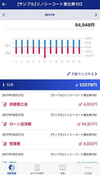 リノシ―アプリの収支確認画面