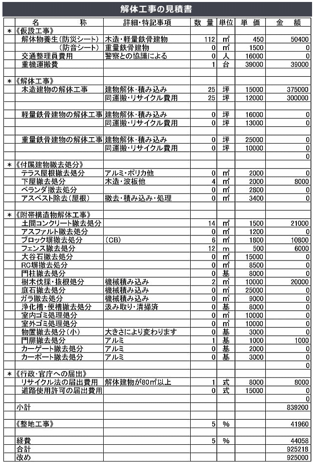 解体工事の見積書のサンプル